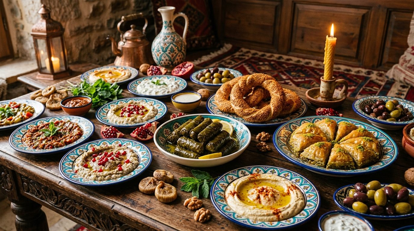 Traditional Turkish culinary spread with stuffed vine leaves, simit and baklava